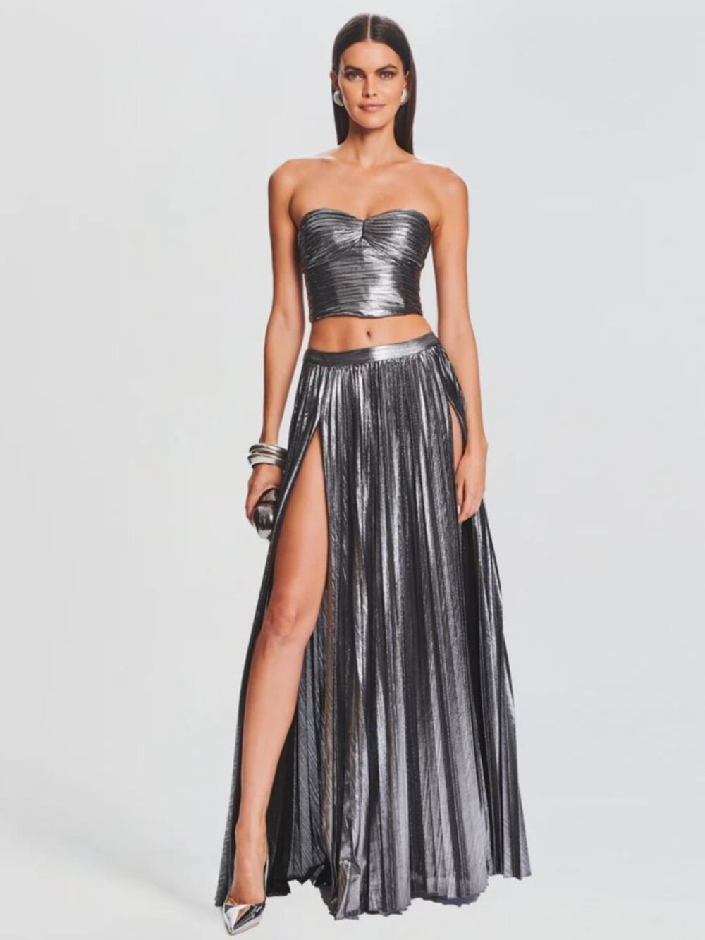 NWOT Set Reformation Revolve Tall Gunmetal Metallic Pleated Slit Skirt & Corset